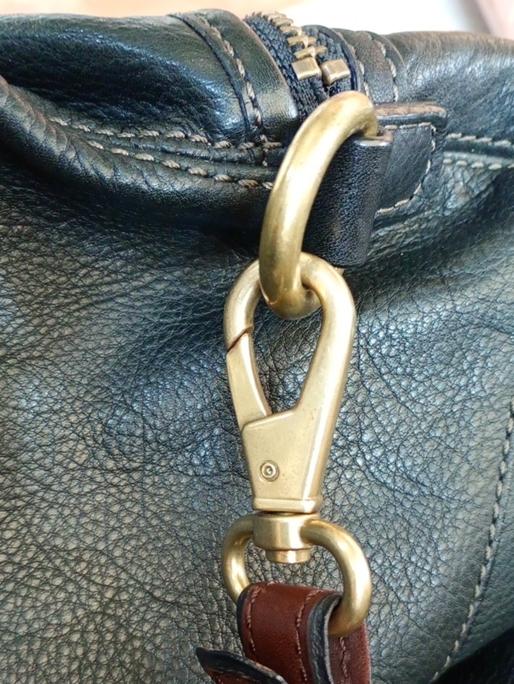 Fossil | Black Leather Large Slouchy Explorer Tote with Brass Logo Plaque - Picture 12 of 14